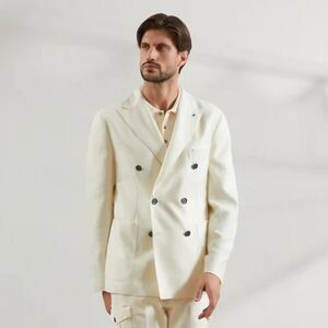 Peserico Men's Elegant Cream Wool/Silk/Linen Double Breasted Blazer